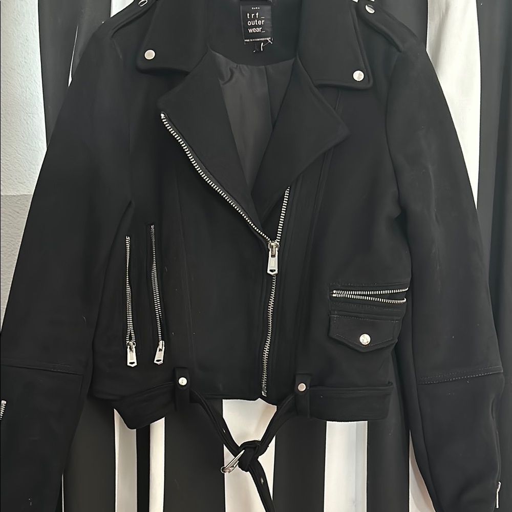 Zara Black Leather Moto Jacket with Asymmetrical Zipper